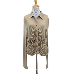 Song Of Style Shirt Womens L Large Beige Efra Ruched Jersey Stretch Button Up